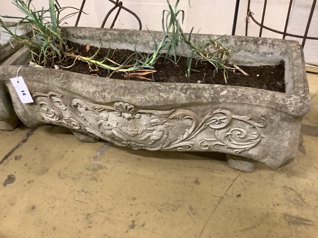 A pair of reconstituted stone serpentine front rectangular garden planters, width 73cm, depth 32cm, height 28cm